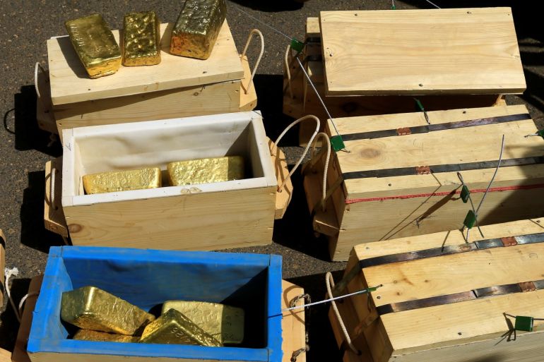 Gold bars seized from a plane by Sudanese Rapid Support Forces at Khartoum Airport are displayed in an investigation into possible smuggling, in Khartoum, Sudan May 9, 2019. REUTERS/Mohamed Nureldin Abdallah