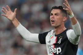 TURIN, ITALY - AUGUST 31: Cristiano Ronaldo of Juventus reacts during the Serie A match between Juventus and SSC Napoli at Allianz Stadium on August 31, 2019 in Turin, Italy. (Photo by Emilio Andreoli/Getty Images )