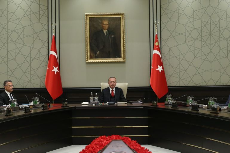National Security Council in Ankara- - ANKARA, TURKEY - SEPTEMBER 30: President of Turkey, Recep Tayyip Erdogan (C) chairs a meeting of National Security Council (MGK) at the Presidential Complex in Ankara, Turkey on September 30, 2019.