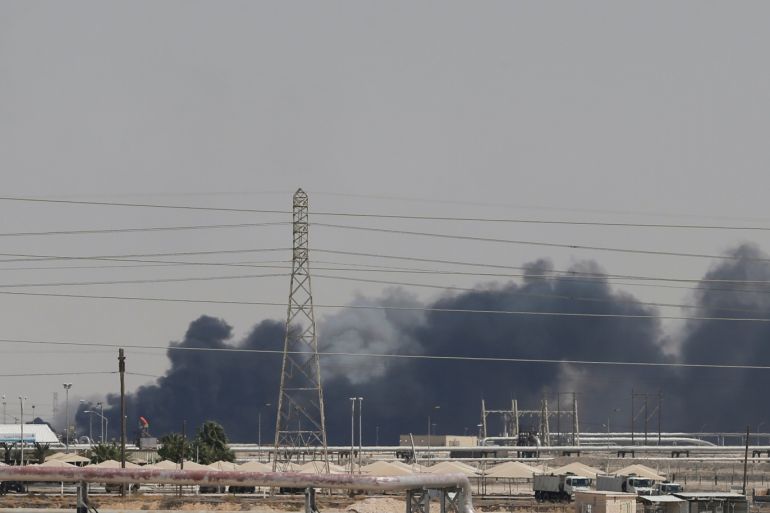 Smoke is seen following a fire at Aramco facility in the eastern city of Abqaiq, Saudi Arabia, September 14, 2019. REUTERS/Stringer