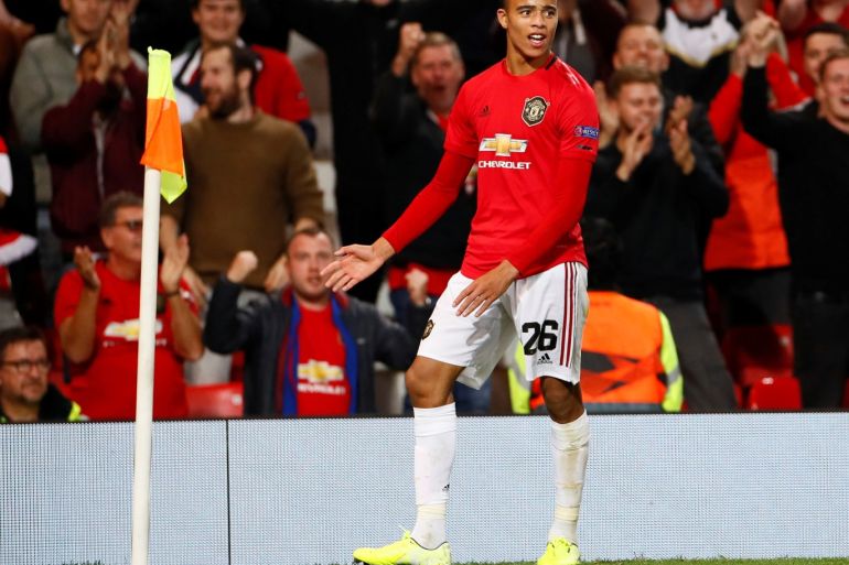 Soccer Football - Europa League - Group L - Manchester United v Astana - Old Trafford, Manchester, Britain - September 19, 2019 Manchester United's Mason Greenwood celebrates scoring their first goal Action Images via Reuters/Jason Cairnduff