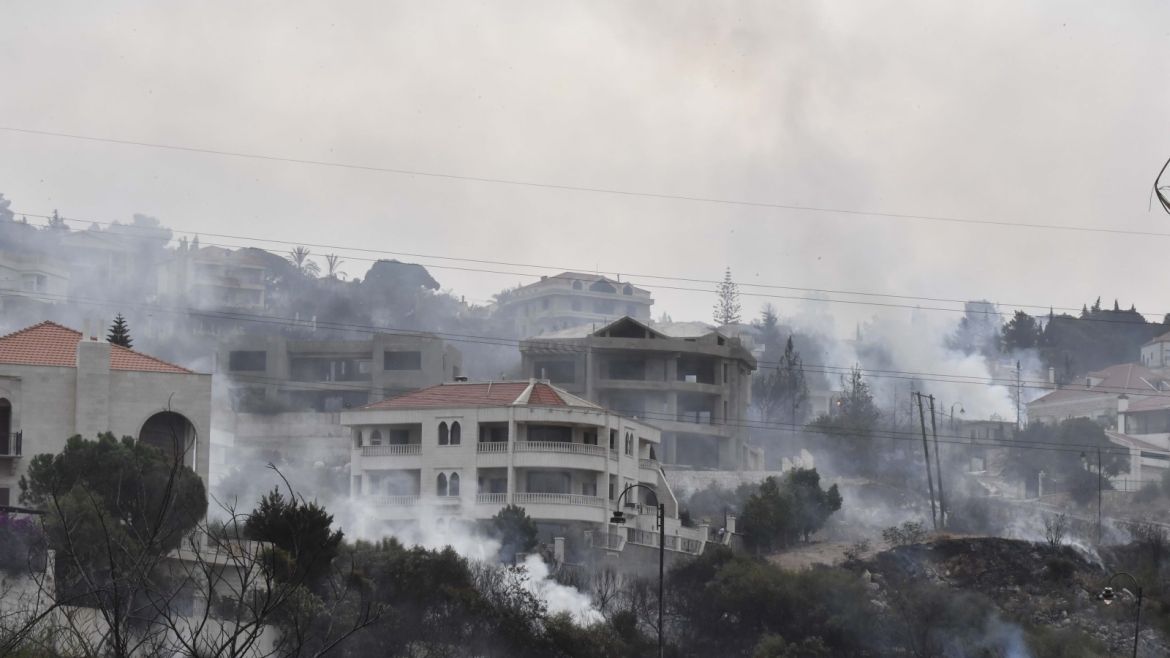 Wildfire in Lebanon- - BEIRUT, LEBANON - OCTOBER 15: Smoke rises after fire took out forests in the mountainous area that flank Damour river near the village of Meshref in Lebanon's Shouf mountains, southeast of the capital Beirut, Lebanon on October 15, 2019. Flames devoured large swaths of land in several Lebanese and Syrian regions. The outbreak coincided with high temperatures and strong winds, according to the official media in both countries.