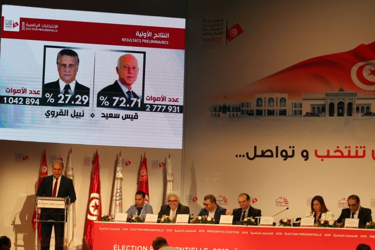 epa07920425 Head of the Tunisian election commission Nabil Baffoun (L) gives a press conference to announce the results of the presidential election in Tunis, Tunisia, 14 October 2019. According to the commission figures, Kais Saied won with 72.71 percent, while Nabil Karoui had 27.29 percent of votes in the run-off elections. EPA-EFE/MOHAMED MESSARA