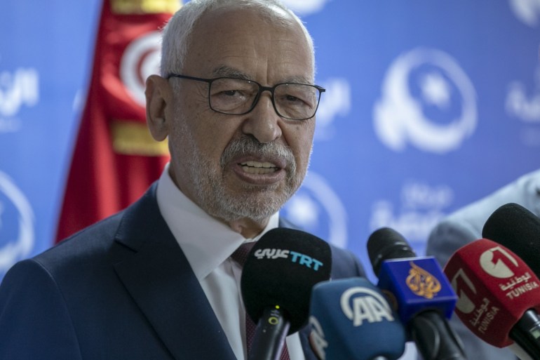 Tunisia's parliamentary elections- - TUNIS, TUNISIA - OCTOBER 06: Leader of Nahda Movement Rachid al-Ghannouchi holds a press conference at his party's headquarters after the first announcement of early election results following the parliamentary elections in Tunis, Tunisia on October 06, 2019. Around 7.1 million Tunisians were eligible to cast ballot in polls to elect the 217-member assembly.