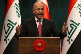 epa07259589 Iraqi President Barham Salih speaks during a press conference with Turkish President Recep Tayyip Erdogan (not pictured) after their meeting at the Presidential Palace in Ankara, Turkey, 03 January 2019. Reports state that President Recep Tayyip Erdogan and President Salih are expected to address all the aspects of the bilateral relations and will discuss possible steps for the strengthening of cooperation in various areas and exchange views on regional and
