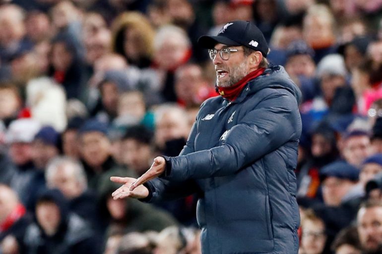 Soccer Football - Carabao Cup - Fourth Round - Liverpool v Arsenal - Anfield, Liverpool, Britain - October 30, 2019 Liverpool manager Juergen Klopp reacts Action Images via Reuters/Jason Cairnduff EDITORIAL USE ONLY. No use with unauthorized audio, video, data, fixture lists, club/league logos or