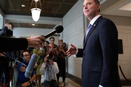 U.S. Representative Adam Schiff (D-CA) speaks to reporters as Kurt Volker, U.S. President Donald Trump's former envoy to Ukraine, is interviewed in nearby offices by staff for three House of Representatives committees as part of the impeachment inquiry into the president's dealings with Ukraine, at the U.S. Capitol in Washington, U.S. October 3, 2019. REUTERS/Jonathan Ernst