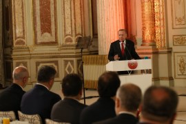 3rd Conference of the Parliament Speakers in Istanbul- - ISTANBUL, TURKEY - OCTOBER 11: Turkish President Recep Tayyip Erdogan speaks during the opening reception of the 3rd Conference of the Parliament Speakers on Combating Terrorism and Strengthening Regional Connectivity in Istanbul, Turkey on October 11, 2019.
