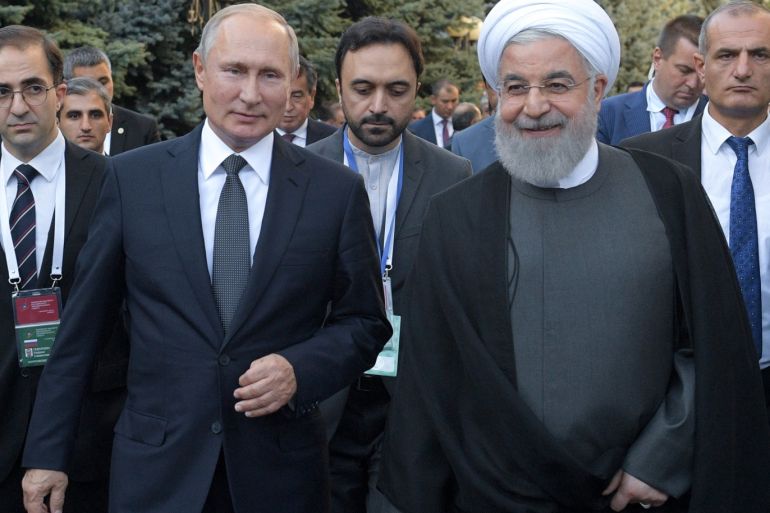 Russian President Vladimir Putin and Iranian President Hassan Rouhani arrive for a meeting on the sidelines of a session of the Supreme Eurasian Economic Council In Yerevan, Armenia October 1, 2019. Sputnik/Alexei Druzhinin/Kremlin via REUTERS ATTENTION EDITORS - THIS IMAGE WAS PROVIDED BY A THIRD PARTY.