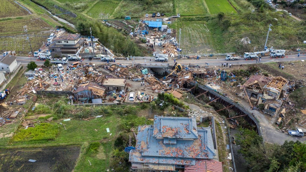 CHIBA, JAPAN - OCTOBER 13: Buildings lie in ruins after they were hit by a tornado shortly before the arrival of Typhoon Hagibis, on October 13, 2019 in Chiba, Japan. At least five people are reported dead and many others are missing after Typhoon Hagibis, one of the most powerful storms in decades, swept across Japan. (Photo by Carl Court/Getty Images)