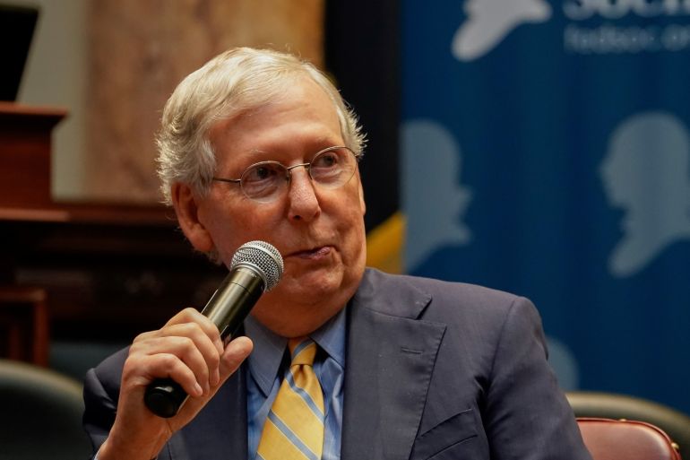 Senate Majority Leader Mitch McConnell speaks to a gathering of the Federalist Society at the State Capitol in Frankfort, Kentucky, U.S. October 7, 2019. REUTERS/Bryan Woolston