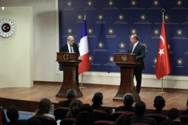Turkish FM Cavusoglu meets French counterpart Le Drian- - ANKARA, TURKEY - JUNE 13 : French Foreign Minister Jean-Yves Le Drian (L) and Turkish Foreign Minister Mevlut Cavusoglu (R) hold a press conference after a meeting in Ankara, Turkey on June 13, 2019.