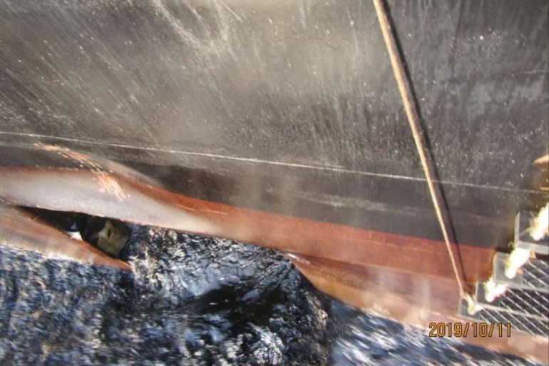 A damage is seen on Iranian-owned Sabiti oil tanker sailing in Red Sea, October 11, 2019. Picture taken October 11, 2019. National Iranian Oil Tanker Company via WANA (West Asia News Agency) via REUTERS. ATTENTION EDITORS - THIS IMAGE HAS BEEN SUPPLIED BY A THIRD PARTY