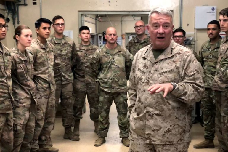 Marine General Kenneth McKenzie, head of U.S. Central Command, speaks with U.S. troops while visiting Forward Operating Base Fenty in Jalalabad, Afghanistan, September 9, 2019. REUTERS/Phil Stewart