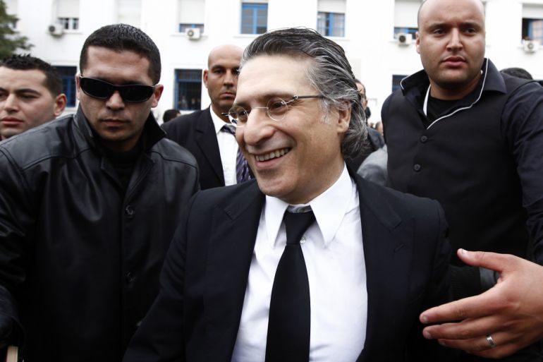 Nabil Karoui, the head of Tunisian station Nessma TV, leaves court in Tunis April 19, 2012 . Karoui is on trial for