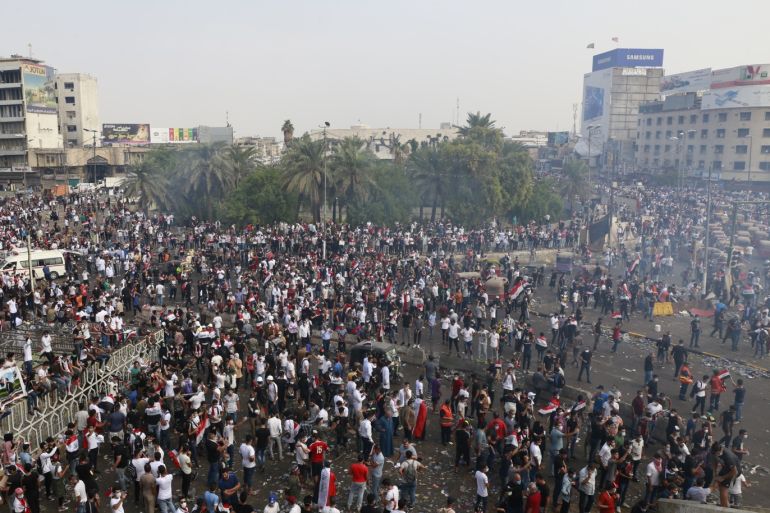 Anti government protests in Iraq- - BAGHDAD, IRAQ - OCTOBER 28: Iraqi protesters gather at Tahrir Sqaure during ongoing anti-government demonstrations in Iraq's capital Baghdad on October 28, 2019. Demonstrations have rocked Baghdad and other Iraqi provinces since Friday against government corruption, unemployment, and lack of basic services.