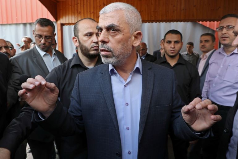 Gaza's Hamas Chief Yehya Al-Sinwar talks to media before meeting with Chairman of the Palestinian Central Election Committee Hana Naser, in Gaza City October 28, 2019. REUTERS/Mohammed Salem