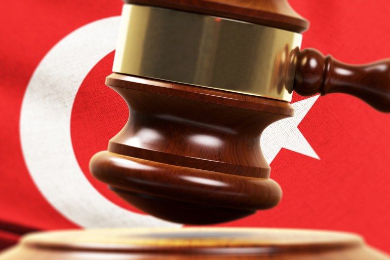 Wood Gavel Standing Front Of the Turkish Flag