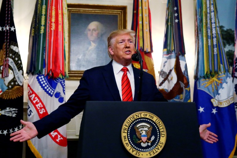 U.S. President Donald Trump makes a statement at the White House following reports that U.S. forces attacked Islamic State leader Abu Bakr al-Baghdadi in northern Syria, in Washington, U.S., October 27, 2019. REUTERS/Jim Bourg