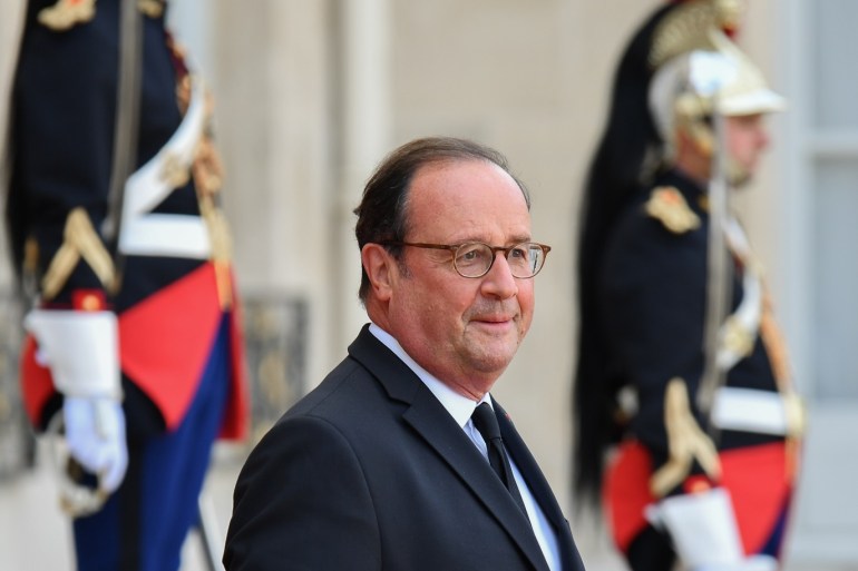 Heads of State and Government at Elysee Palace after the tribute- - PARIS, FRANCE - SEPTEMBER 30: Former French President, Francois Hollande leaves the Elysee Palace after the tribute for former French President Jacques Chirac, at the Elysee Palace in Paris, France, on September, 30 2019. A funeral ceremony was held in the French capital Paris on Monday for former President Jacques Chirac, who died on Thursday at the age of 86.