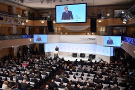 MUNICH, GERMANY - FEBRUARY 16: Emir of Qatar Sheikh Tamim bin Hamad al-Thani delivers a speech at the 2018 Munich Security Conference on February 16, 2018 in Munich, Germany. The annual conference, which brings together political and defense leaders from across the globe, is taking place under heightened tensions between the USA, together with its western allies, and Russia. (Photo by Sebastian Widmann/Getty Images)