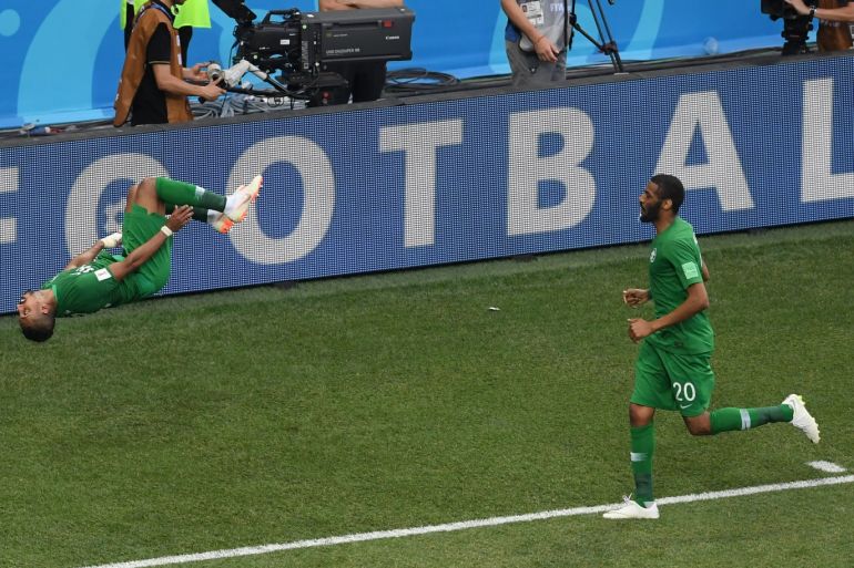 VOLGOGRAD, RUSSIA - JUNE 25: Salem Aldawsari of Saudi Arabia celebrates after scoring his team's second goal during the 2018 FIFA World Cup Russia group A match between Saudia Arabia and Egypt at Volgograd Arena on June 25, 2018 in Volgograd, Russia. (Photo by Laurence Griffiths/Getty Images)