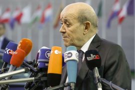 epa07919359 French Foreign Affairs Minister, Jean-Yves Le Drian speaks to reporters as he arrives for the Foreign Affairs Council in Luxembourg, 14 October 2019. The Foreign Affairs Council will start with a discussion on current affairs and will...