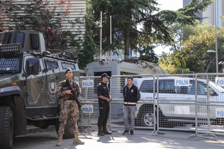 ISTANBUL, TURKEY - OCTOBER 02: Turkish police stand on guard near the Saudi Consulate during the memorial service of one-year anniversary of the assassination of Saudi dissident journalist Jamal Khashoggi on October 02, 2019 in Istanbul, Turkey.  Jamal Khashoggi, the Saudi Arabian dissident and columnist for the Washington Post, was killed on 2nd October 2018 after entering the Saudi Consulate in Istanbul to finalize papers for his marriage, sparking a weeks long investigation and creating diplomatic tension between, Turkey, the U.S and Saudi Arabia. His body is still yet to be recovered. (Photo by Osman Orsal/Getty Images)