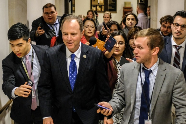 WASHINGTON, DC - OCTOBER 23: House Intelligence Committee Chairman Rep. Adam Schiff (D-CA) departs after a closed session before the House Intelligence, Foreign Affairs and Oversight committees on Capitol Hill on October 23, 2019 in Washington, DC. Deputy Assistant Secretary of Defense Laura Cooper was on Capitol Hill to testify to the committees for the ongoing impeachment inquiry against President Donald Trump. Alex Wroblewski/Getty Images/AFP== FOR NEWSPAPERS, INTERNET, TELCOS & TELEVISION USE ONLY ==