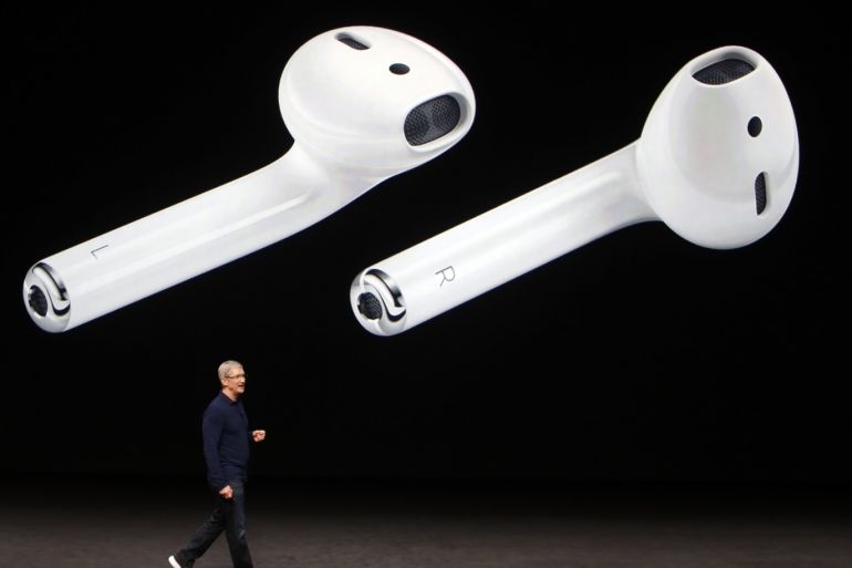 AirPods are displayed as Apple Inc CEO Tim Cook makes his closing remarks during an Apple media event in San Francisco, California, U.S. September 7, 2016. REUTERS/Beck Diefenbach