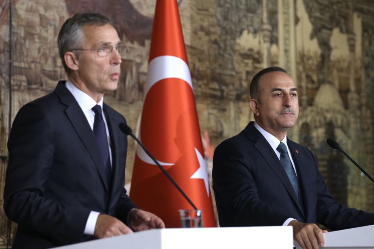 Mevlut Cavusoglu - Jens Stoltenberg Press Conference in Istanbul- - ISTANBUL, TURKEY - OCTOBER 11: Minister of Foreign Affairs of Turkey, Mevlut Cavusoglu and NATO Secretary General Jens Stoltenberg hold a joint press conference after their meeting at Dolmabahce Palace in Istanbul, Turkey on October 11, 2019.