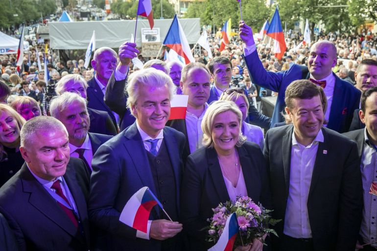 PRAGUE, CZECH REPUBLIC - APRIL 25: Leader of French National Rally party (RN) Marine Le Pen (3rd, R), leader of Czech Freedom and Direct Democracy party (SPD) Tomio Okamura (2nd, R),  leader of Dutch Party for Freedom (PVV) Geert Wilders (2nd, L) and leader of Bulgarian 'Volya' party Veselin Mareshki (L) during a meeting of populist far-right party leaders in Wenceslas Square on April 25, 2019 in Prague, Czech Republic. The Czech Freedom and Direct Democracy party (SPD), a member party of The Movement for a Europe of Nations and Freedom in the European Parliament, is set to officially launch its EU election campaign ahead of next month’s European elections.  (Photo by Gabriel Kuchta/Getty Images)