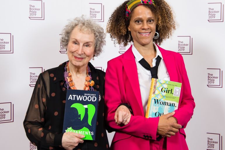 LONDON, ENGLAND - OCTOBER 14: (L-R) Joint winners Margaret Atwood and Bernardine Evaristo during 2019 Booker Prize Winner Announcement photocall at Guildhall on October 14, 2019 in London, England. (Photo by Jeff Spicer/Getty Images)