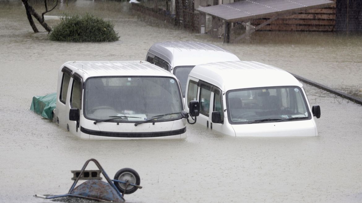 A residential area is flooded in Ise, Mie Prefecture, central Japan, ahead of the arrival of Typhoon Hagibis, in this photo taken by Kyodo October 12, 2019.  Mandatory credit Kyodo/via REUTERS ATTENTION EDITORS - THIS IMAGE WAS PROVIDED BY A THIRD PARTY. MANDATORY CREDIT. JAPAN OUT.