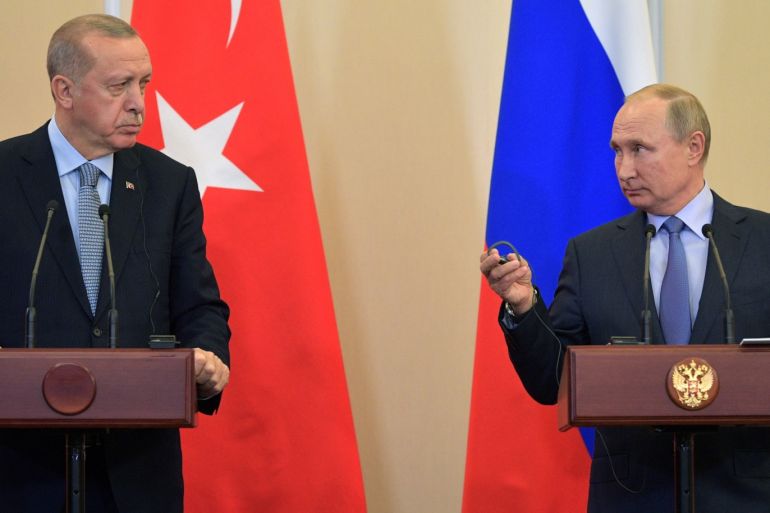 Russian President Vladimir Putin and Turkish President Tayyip Erdogan attend a news conference following their talks in Sochi, Russia October 22, 2019. Sputnik/Alexei Druzhinin/Kremlin via REUTERS ATTENTION EDITORS - THIS IMAGE WAS PROVIDED BY A THIRD PARTY.