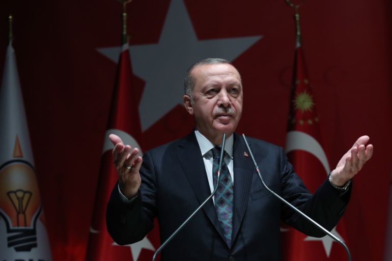 President of Turkey and leader of AK Party Recep Tayyip Erdogan- - ANKARA, TURKEY - OCTOBER 10 : President of Turkey, Recep Tayyip Erdogan speaks at the extended meeting with provincial heads of his ruling Justice and Development (AK) Party in Ankara, Turkey on October 10, 2019.