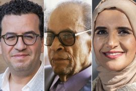 كومبو يجمع الشخصيات التالية: نجيب محفوظ، الأديب الليبي هشام مطر، جوخة الحارثي