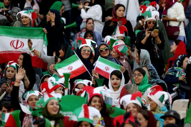 Iranian women fans attend Iran’s FIFA World Cup Asian qualifier match against Cambodia, as for the first time women are allowed to watch the national soccer team play in over 40 years, at the Azadi stadium in Tehran, Iran October 10, 2019. Nazanin Tabatabaee/WANA (West Asia News Agency) via REUTERS ATTENTION EDITORS - THIS IMAGE HAS BEEN SUPPLIED BY A THIRD PARTY