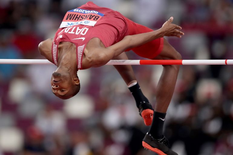 DOHA, QATAR - OCTOBER 01: Mutaz Essa Barshim of Qatar competes in the Men's High Jump qualification during day five of 17th IAAF World Athletics Championships Doha 2019 at Khalifa International Stadium on October 01, 2019 in Doha, Qatar. (Photo by Christian Petersen/Getty Images)