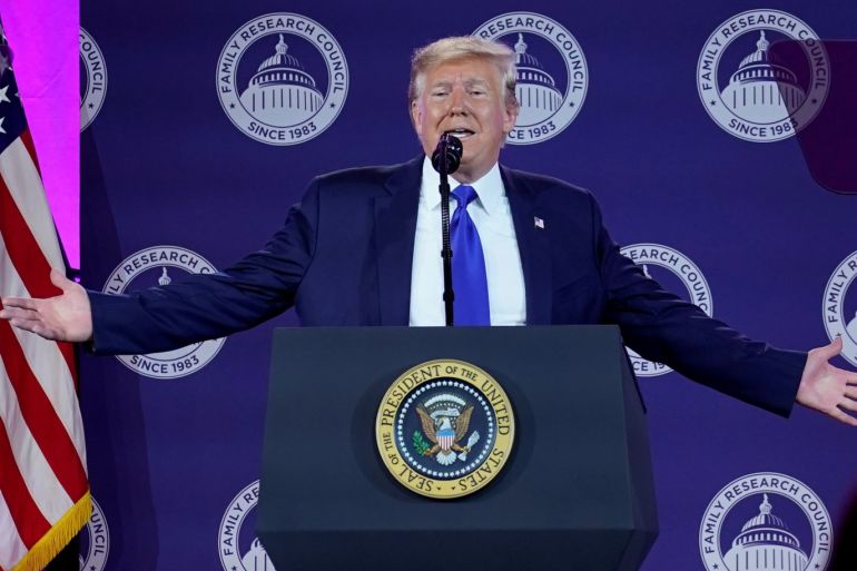 U.S. President Donald Trump addresses conservative activists at the Family Research Council's annual gala in Washington, U.S., October 12, 2019. REUTERS/Yuri Gripas