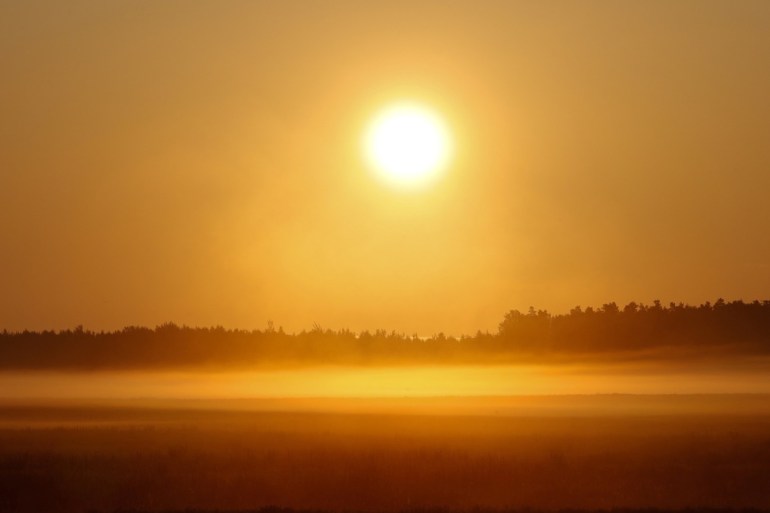 Sun rises over foggy a field near the village of Khatenchytsy, Belarus August 23, 2019. REUTERS/Vasily Fedosenko