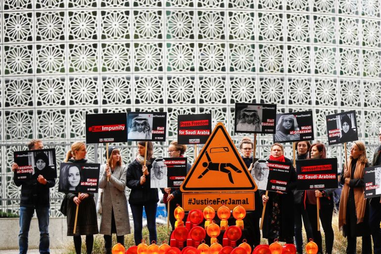 Activists of the organisation Reporters Without Borders protest in front of the embassy of Saudi Arabia to commemorate the murdered Saudi journalist Jamal Khashoggi, in Berlin, Germany, October 1, 2019. REUTERS/Hannibal Hanschke