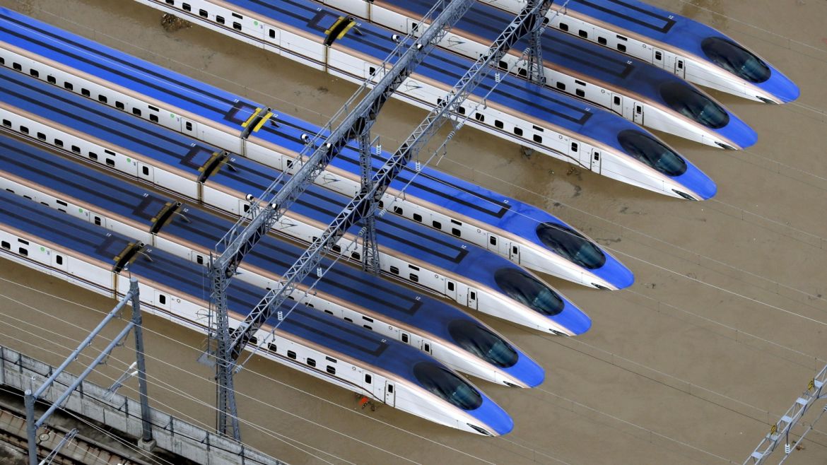 A Shinkansen bullet train rail yard is seen flooded due to heavy rains caused by Typhoon Hagibis in  Nagano, central Japan, October 13, 2019, in this photo taken by Kyodo. Mandatory credit Kyodo/via REUTERS ATTENTION EDITORS - THIS IMAGE WAS PROVIDED BY A THIRD PARTY. MANDATORY CREDIT. JAPAN OUT.     TPX IMAGES OF THE DAY