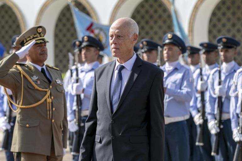 Tunisia's new President Kais Saied at the Palace of Carthage- - TUNIS, TUNISIA - OCTOBER 23: Newly-elected Tunisian President Kais Saied walks past the honour guards as he is welcomed with a military ceremony at the Palace of Carthage in Tunis, Tunisia on October 23, 2019 after taking oath at the parliament. Independent candidate Kais Saied was on Monday declared the winner of Tunisia's presidential election.