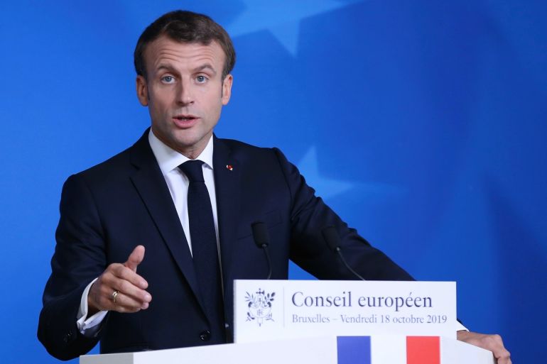 French President Emmanuel Macron- - BRUSSELS, BELGIUM - OCTOBER 18: French President Emmanuel Macron makes a speech as he holds a press conference at the end of the second day of the European Summit at the European Council in Brussels, Belgium on October 18, 2019.