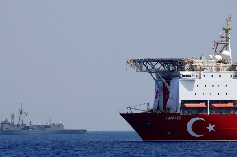 Turkish drilling vessel Yavuz is escorted by Turkish Navy frigate TCG Gemlik (F-492) in the eastern Mediterranean Sea off Cyprus, August 6, 2019. Picture taken August 6, 2019. REUTERS/Murad Sezer