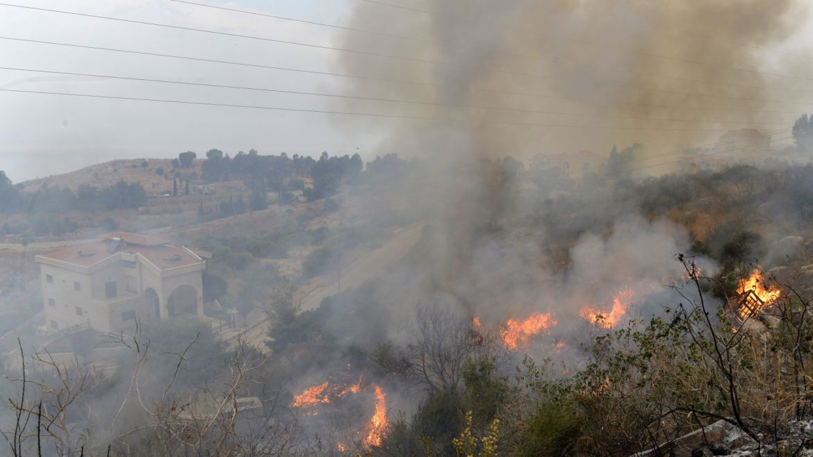 Wildfire in Lebanon- - BEIRUT, LEBANON - OCTOBER 15: Fire takes out forests in the mountainous area that flank Damour river near the village of Meshref in Lebanon's Shouf mountains, southeast of the capital Beirut, Lebanon on October 15, 2019. Flames devoured large swaths of land in several Lebanese and Syrian regions. The outbreak coincided with high temperatures and strong winds, according to the official media in both countries.