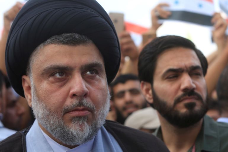 Iraqi Shi'ite cleric Moqtada al-Sadr attends a protest against western air strikes on Syria, in Najaf, Iraq April 15, 2018. REUTERS/Alaa Al-Marjani