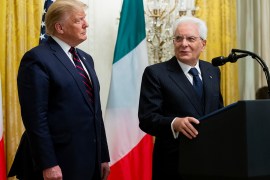 epa07926295 US President Donald J. Trump (L) listens to President of Italy Sergio Mattarella (R) deliver remarks at a reception in the East Room of the White House in Washington, DC, USA, 16 October 2019. US President Donald J. Trump hosted the President of Italy Sergio Mattarella and his daughter and Italy's First Lady Laura Mattarella at a reception held in honor of the Italian Republic. EPA-EFE/MICHAEL REYNOLDS