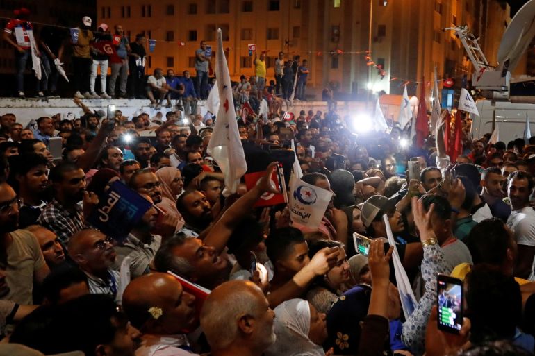 Rached Ghannouchi, leader of Tunisia's moderate Islamist Ennahda, speaks to supporters after the party gained most votes in Sunday's parliamentary election, according to an exit poll by Sigma Conseil broadcasted by state television, in Tunis, Tunisia October 6, 2019. REUTERS/Zoubeir Souissi